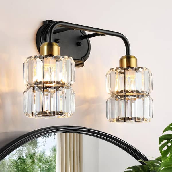 JUSHENG 14.96 in. 2-Light Black and Brass Crystal Bathroom Vanity Light with Clear Crystal Shades for Bathroom