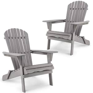 Gray Natural Wooden Folding Adirondack Chairs for Garden, Patio, Lawn, Backyard, Semi-Assembled (Set of 2)