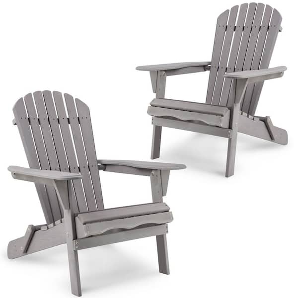 Tunearary Gray Natural Wooden Folding Adirondack Chairs for Garden, Patio, Lawn, Backyard, Semi-Assembled (Set of 2)