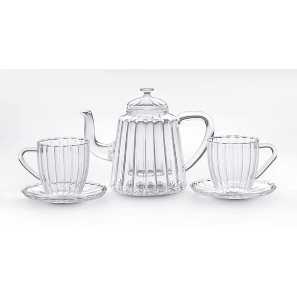 BonJour 42 oz. Oblong Ribbed Glass Teapot with Cup and Saucer Set