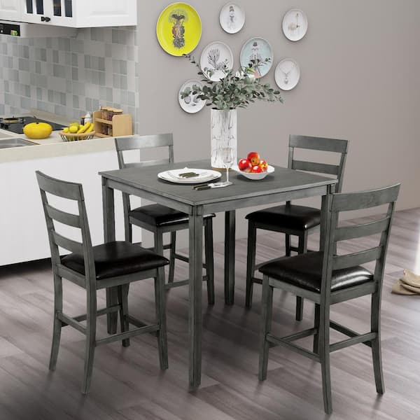 5 Piece Metal Dining Table Set 4 Chairs Wood Top Dining Room Home Furniture Grey 