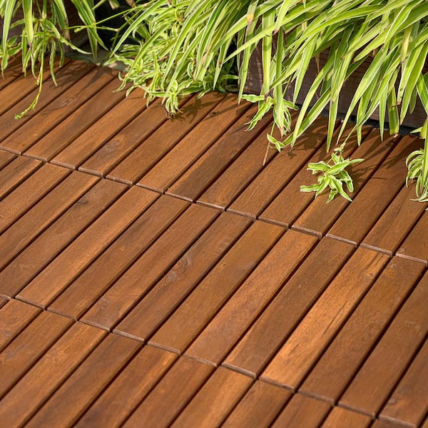 GOGEXX 12 in.x12 in.Brown Square Acacia Wood Interlocking Flooring Deck Tiles Striped Pattern Outdoor Patio(Pack of10 Tiles)