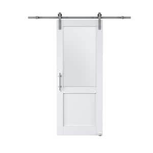 32 in. x 80 in. 1/2 Lite Tempered Frosted Glass White Primed MDF Sliding Barn Door with Hardware Kit Nickel Plat