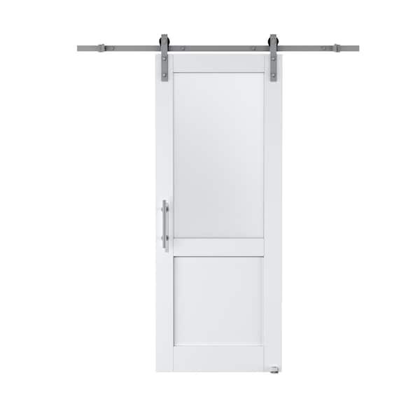ARK DESIGN 32 in. x 80 in. 1/2 Lite Tempered Frosted Glass White Primed MDF Sliding Barn Door with Hardware Kit Nickel Plat