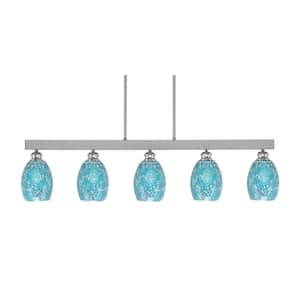 Albany 60-Watt 5-Light Brushed Nickel Linear Pendant Light with Turquoise Fusion Glass Shades and No Bulbs Included