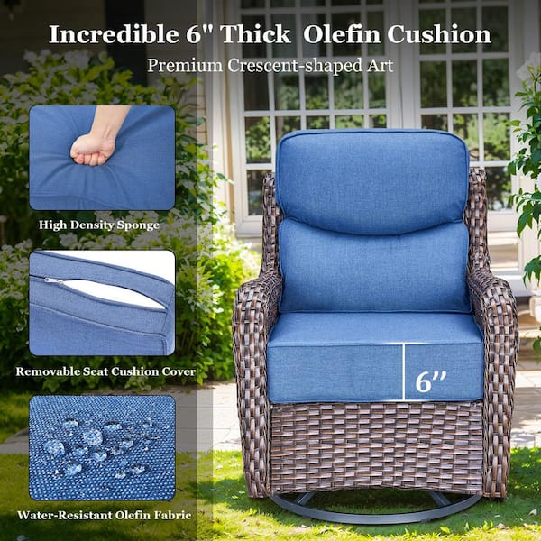 NovaSwivel 3-Piece Brown PE Wicker Paito Conversation Set with 6 in. Thick Olefin Blue Cushions Outdoor Swivel Chair Set