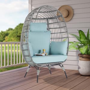 Oversized Outdoor Gray Rattan Egg Chair Patio Chaise Lounge Indoor Living Room Basket Chair with Tiffany Blue Cushion
