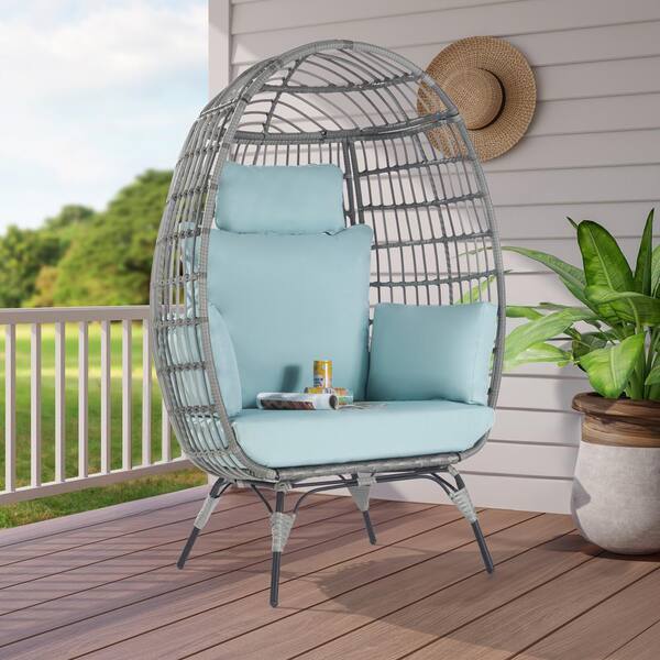 SANSTAR Oversized Outdoor Gray Rattan Egg Chair Patio Chaise Lounge Indoor Living Room Basket Chair with Tiffany Blue Cushion