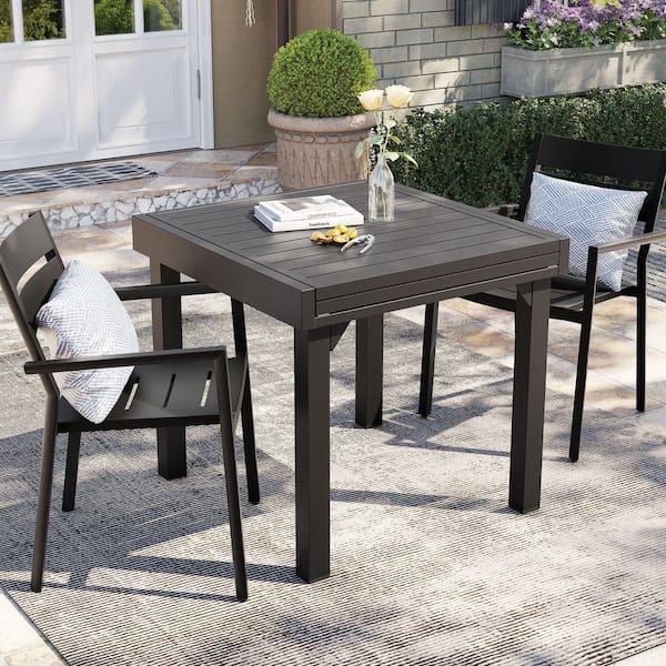3-Piece Aluminum Rectangular Outdoor Dining Set with Expandable Table and Stackable Arms Chairs in Black