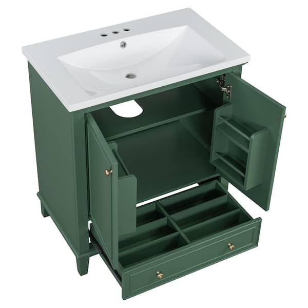 30 in. W x 18 in. D x 34.8 in. H Single Sink Freestanding Dark Green Bath Vanity with White Ceramic Top and Drawer