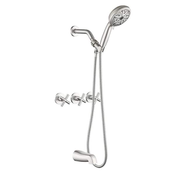 3-Handle 10-Spray Tub and Shower Faucet 1.8 GPM Modern Wall Mount Shower Head Set Brushed Nickel Brass Valve Included