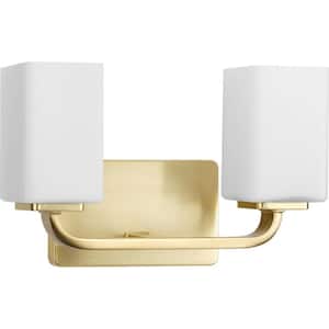 Cowan 13.5 in. 2-Light Satin Brass Vanity Light with Etched Glass Shades Modern for Bath and Vanity