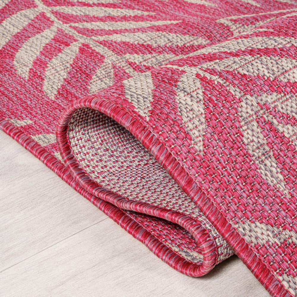 Fuchsia and Light Gray Palm Frond Synthetic Runner Rug, 2'-2" x 8'