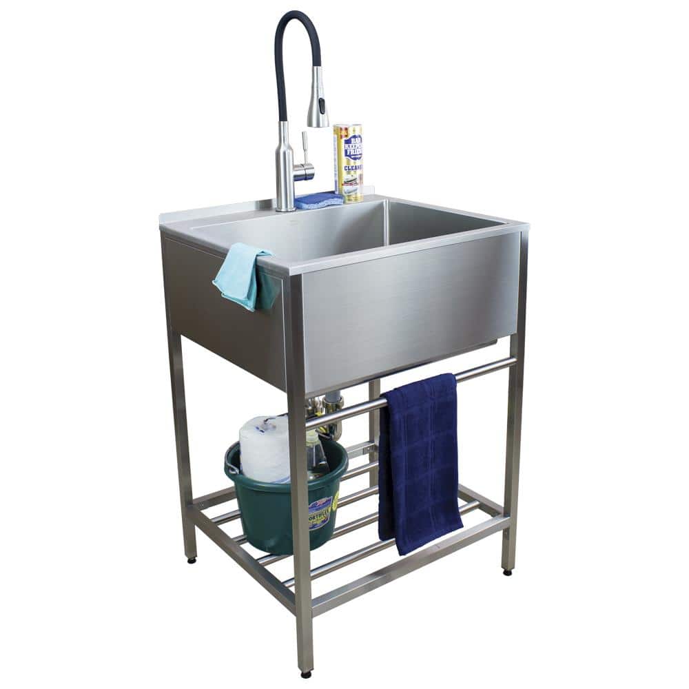 Brushed Satin Stainless Steel Farmhouse Laundry Sink with Wash Stand
