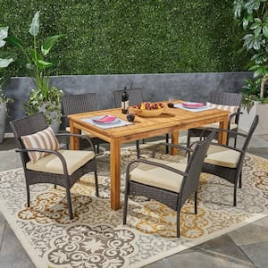 Elmar Multi-Brown 7-Piece Wood and Faux Rattan Outdoor Dining Set with Cream Cushions