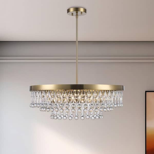 4-Light Brass and Tiered Crystal Pendant Light Fixture with Hanging Crystal Beaded Shade