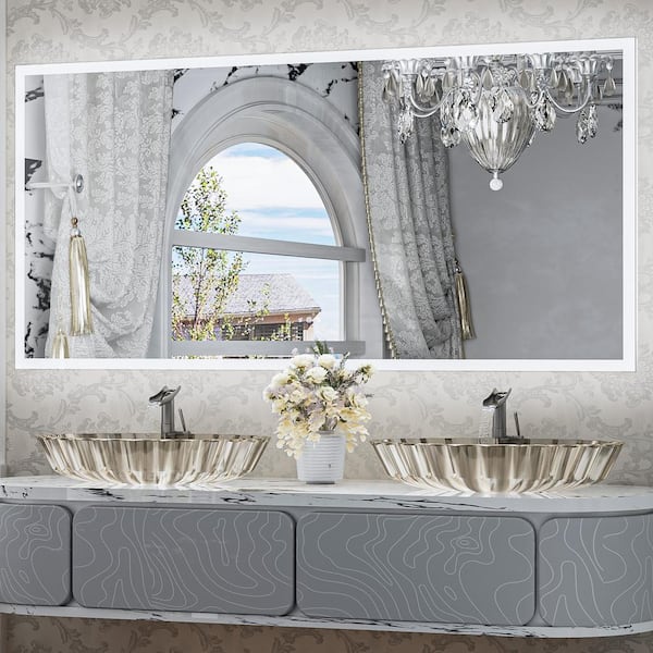 KeonJinn 72 in. W x 36 in. H Large Rectangular Frameless LED Light Anti-Fog Acrylic Sensor Wall Bathroom Vanity Mirror