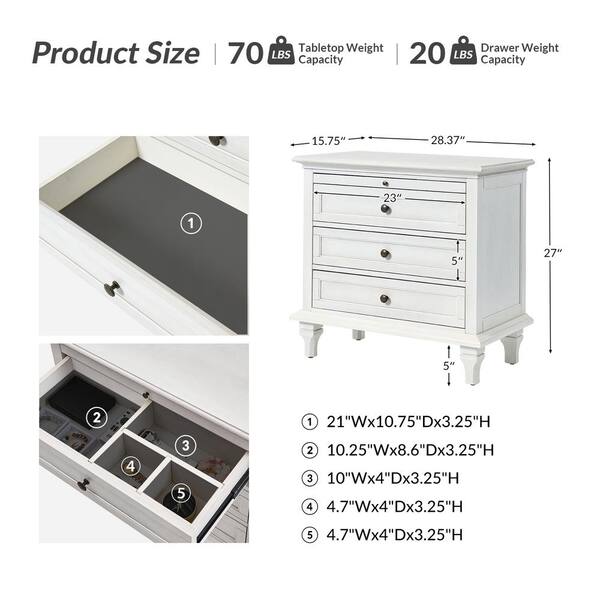 JAYDEN CREATION Julia White 27 in. H Traditional 3-Drawer
