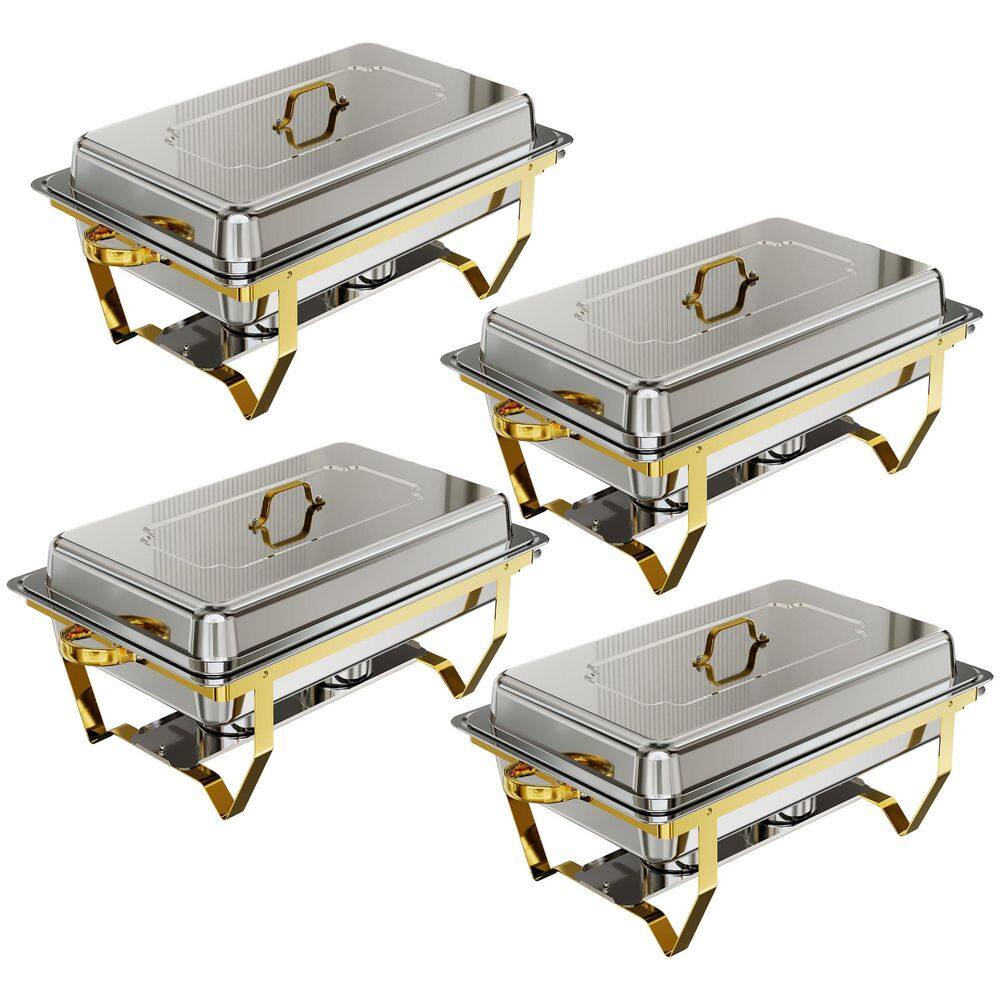 Chafing Dish Buffet Set 9.5 qt. Gold and Silver Stainless Steel Chafer Warmers with Multiple Food Pans 4 Pack