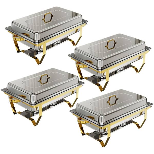 Anqtovp Chafing Dish Buffet Set 9.5 qt. Gold and Silver Stainless Steel Chafer Warmers with Multiple Food Pans 4 Pack