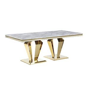 Crownie Gold Faux Marble 79 in. L Double Pedestal Rectangle Dining Table (Seats 6)