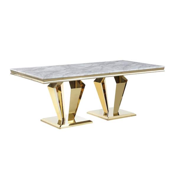Best Master Furniture Crownie Gold Faux Marble 79 in. L Double Pedestal Rectangle Dining Table (Seats 6)