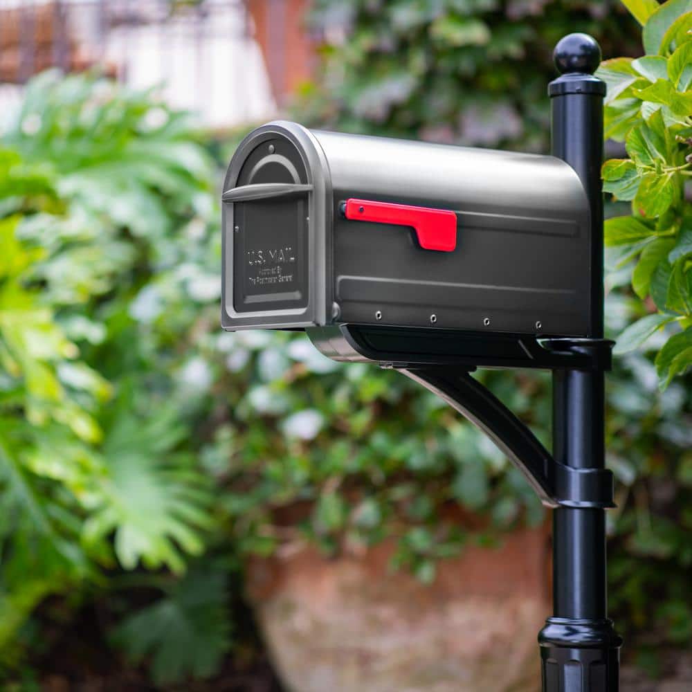 Graphite Steel Large Post Mount Mailbox with Red Flag