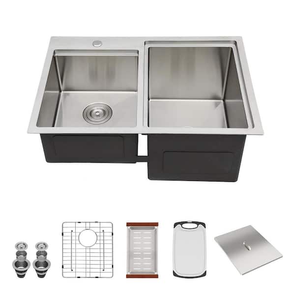 30 in. Drop-in Double Bowl 16 Gauge Brushed Nickel Stainless Steel Kitchen Sink with Cutting Board and Strainer