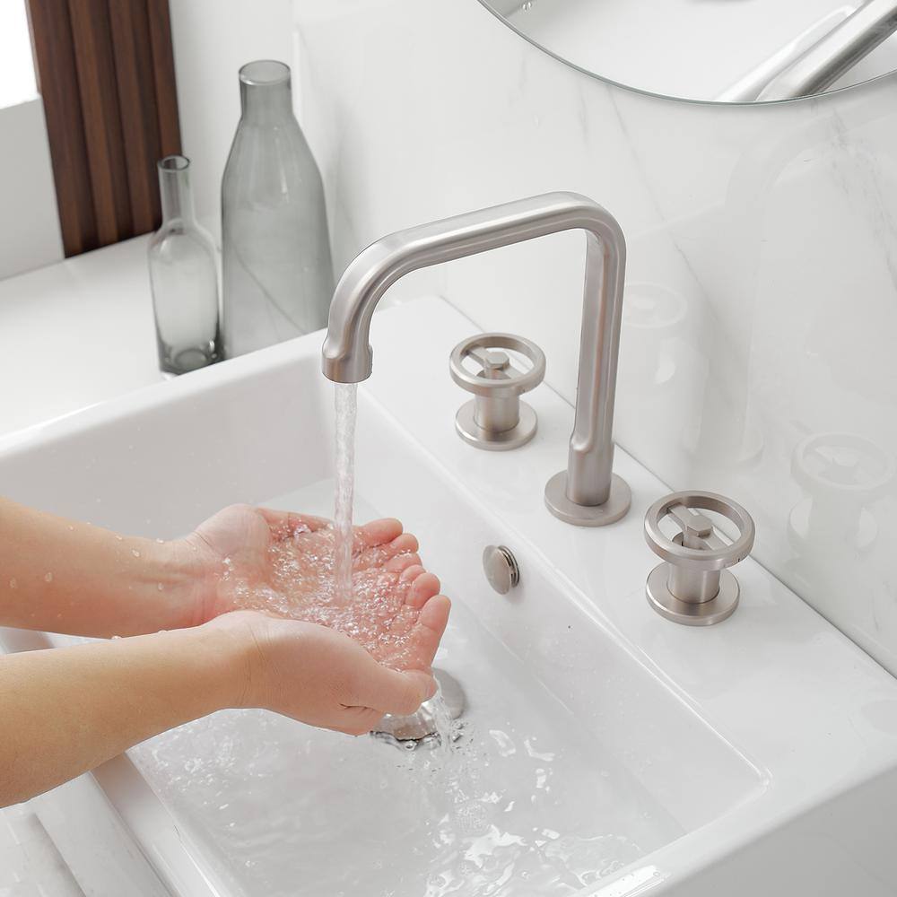 Brushed Nickel 8-inch Widespread Double Handle High-Arc Bathroom Faucet