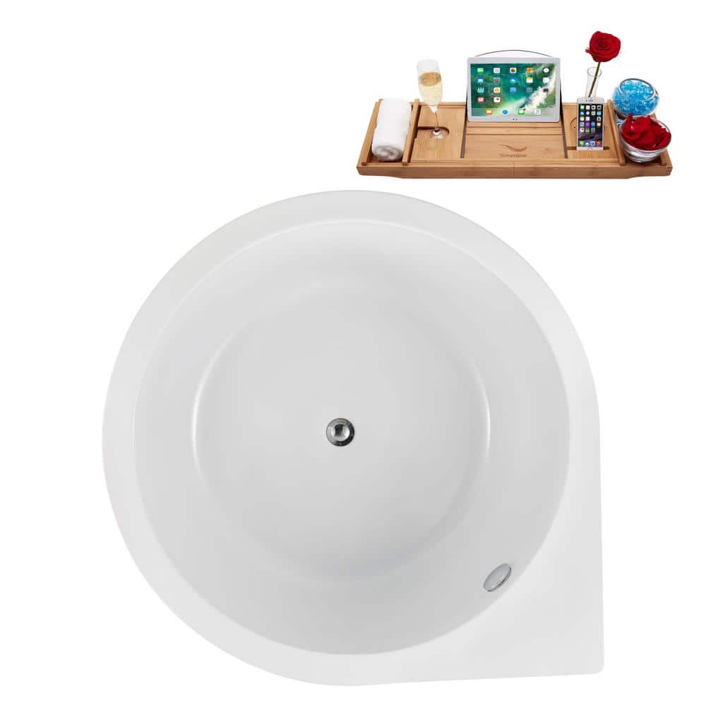 47" Glossy White Acrylic Freestanding Soaking Bathtub with Polished Chrome Drain and Bamboo Tray
