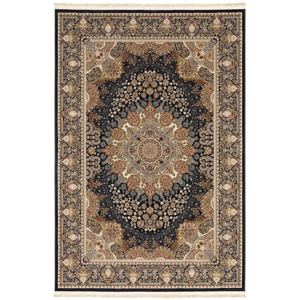 7' X 10' Navy Blue Tan And Black Medallion Area Rug With Fringe
