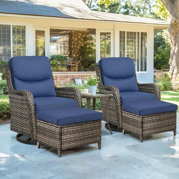 Crescent Gray 5-Piece Wicker Swivel Rocker Patio Conversation Set with 5 in. Thick Navy Blue Cushions and Ottomans