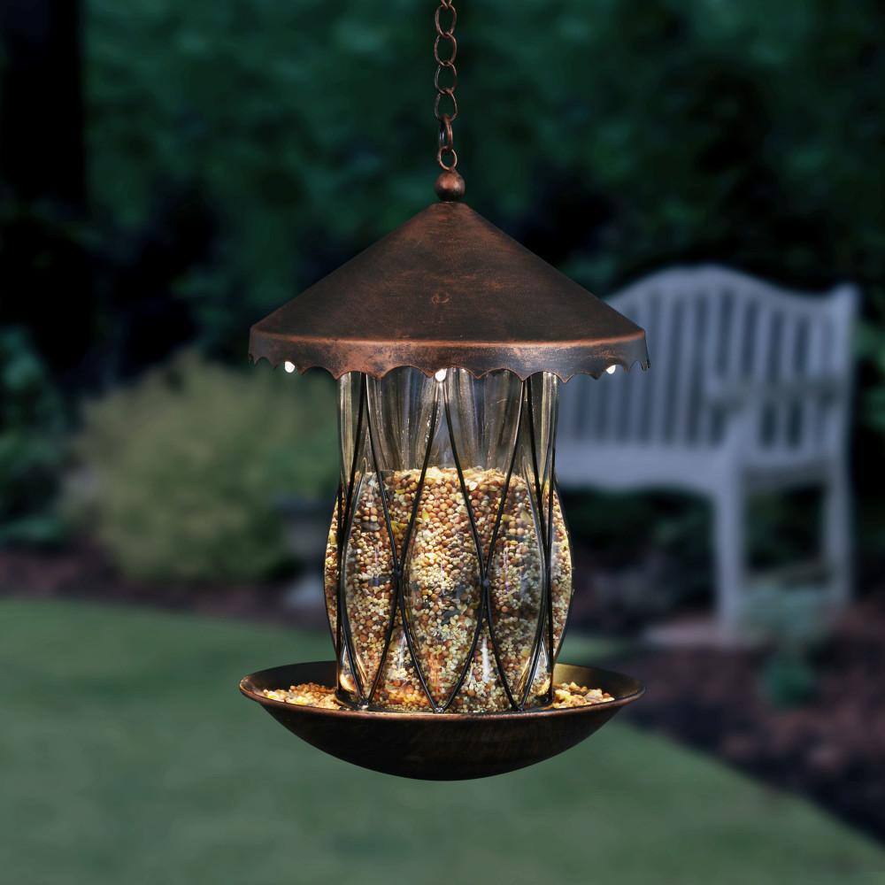 Solar Bronze Hanging Bird Feeder with Diamond Glass Pattern