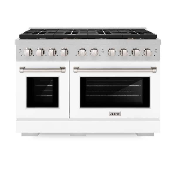 48 in. Paramount Double Oven Gas Range with 8 Burner Cooktop in Satin Stainless Steel with White Matte Doors