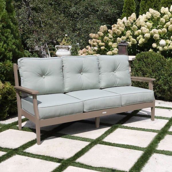 Lehigh Woodland Brown Recycled Plastic Outdoor Deep Seating Sofa / Couch with Sunbrella Canvas Seasalt Cushions