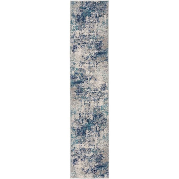 Nourison Passion Ivory Teal 2 ft. x 10 ft. Abstract Contemporary Runner Area Rug