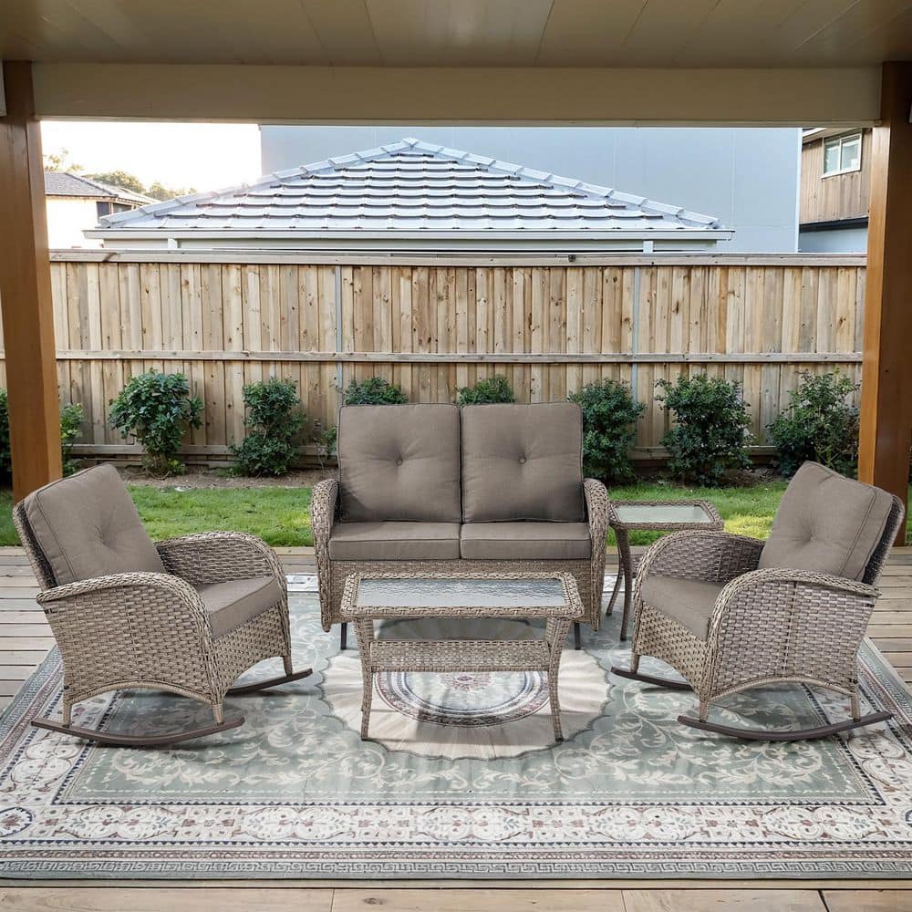 PlainCurve 5-Piece Gray Wicker Patio Conversation Set with Glider Loveseat and Olefin Gray Cushions price history on PriceWatchPro
