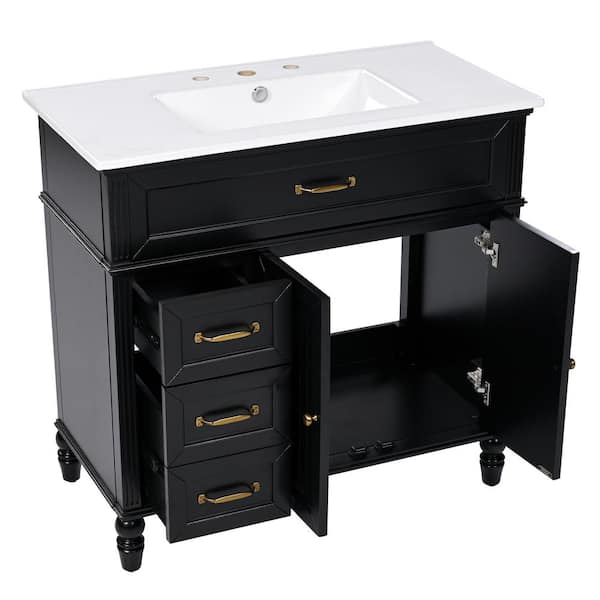 36 in. Black Freestanding Bath Vanity Cabinet with White Ceramic Single Sink Top