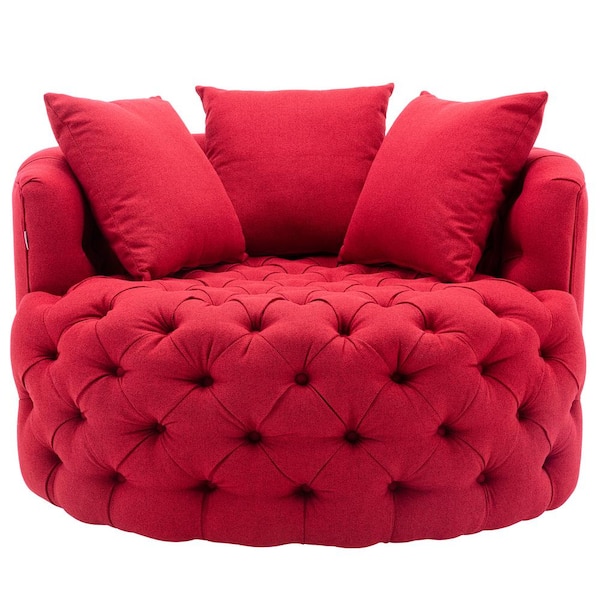 KINWELL 42.5 in. W Red Tufted Linen Swivel Barrel Chair