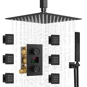 Thermostatic 3-Spray 12 in. Square Shower Head High Pressure Shower System with LCD Display and Valve in Matte Black