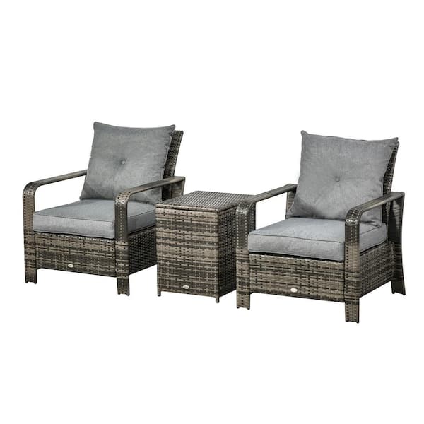 Outsunny 3-Piece Metal PE Rattan Patio Conversation Set with Grey Cushions, 2 Armchairs, and Center Table with Storage
