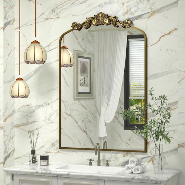Apmir 24 in. W x 36 in. H Arch Aluminum Alloy Framed French Cleat Mounted Baroque Wall Decor Bathroom Vanity Mirror in Gold