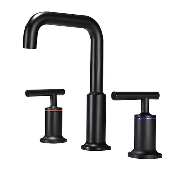 WELLFOR 8 in. Widespread 2-Handle Bathroom Faucet with Supply Lines in Matte Black