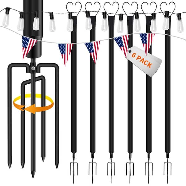 String Light Poles with Fork 9 ft. Iron Shepherd's Hooks for Outdoor String Lights Stand in Black (6-Pack)