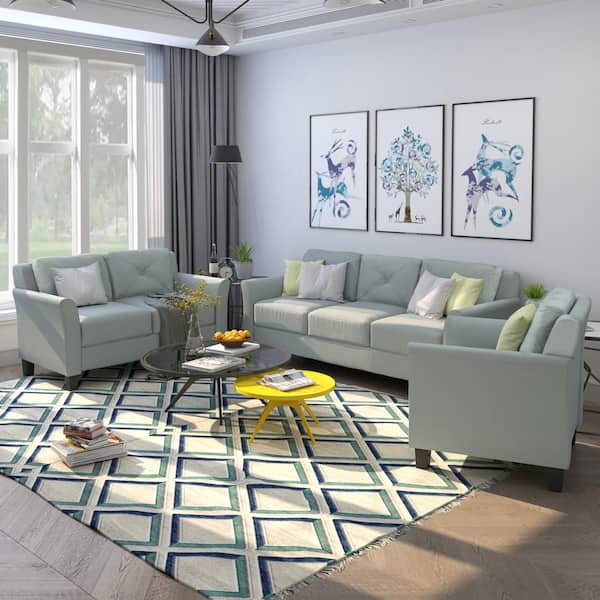 GODEER 3-Piece Polyester Top Gray Chair Loveseat Sofa Set