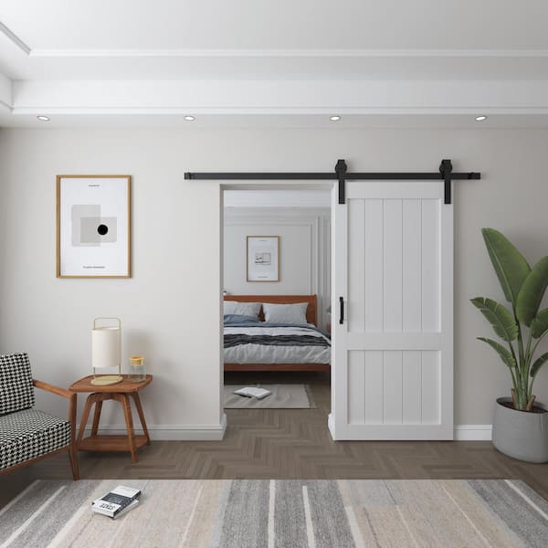 48 in. x 84 in. Paneled H Shape Solid Core White Primed MDF Barn Door Slab with Hardware Kit
