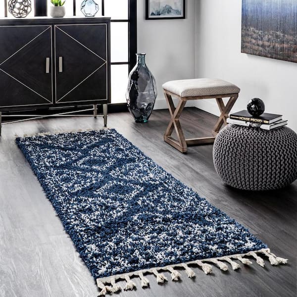 Vasiliki Moroccan Tassel Shag Blue 3 ft. x 10 ft. Runner