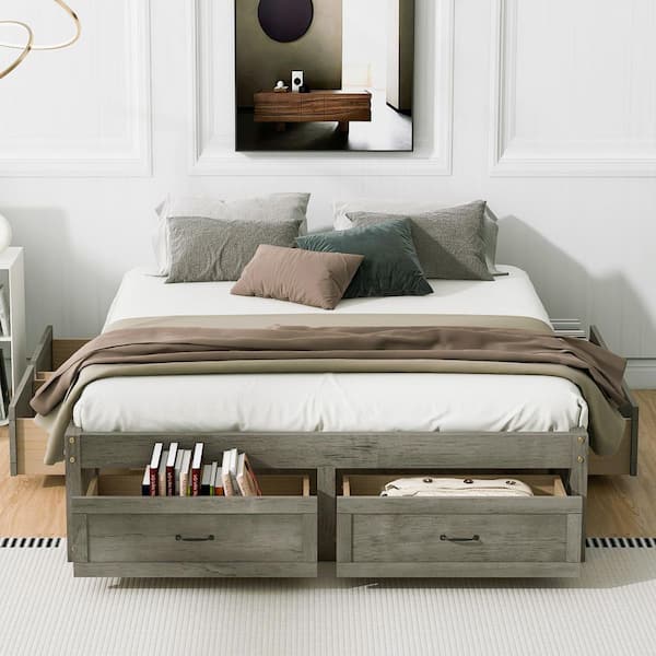 Harper & Bright Designs Antique Gray Wood Frame Queen Size Retro Platform Bed with 6 Storage Drawers