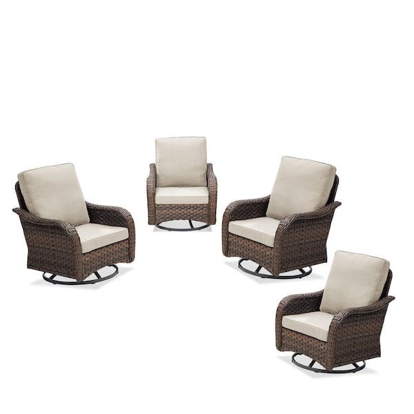 4-Piece Wicker Rocking Chair, 360° Arbitrary Rotation with Beige Cushions, Suitable for Indoor and Outdoor