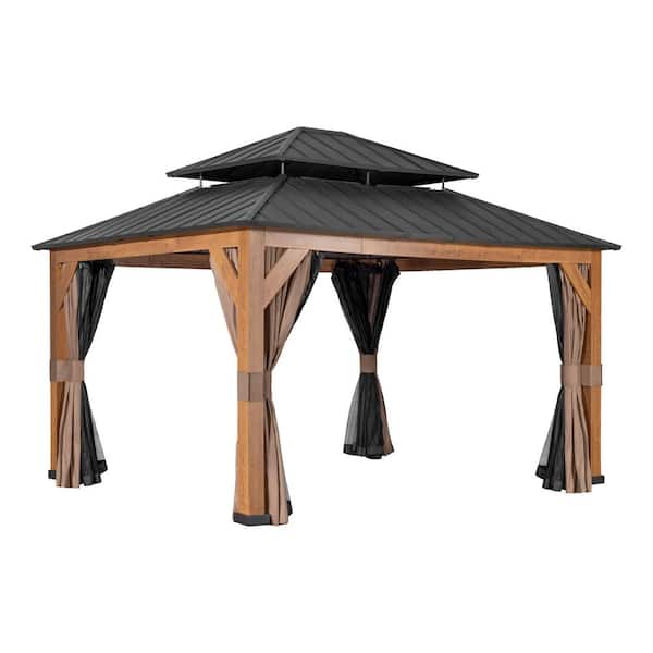 15 ft. x 13 ft. Wood Grain Outdoor Patio Gazebo with Aluminum Double Galvanized Steel Hard Top Roof